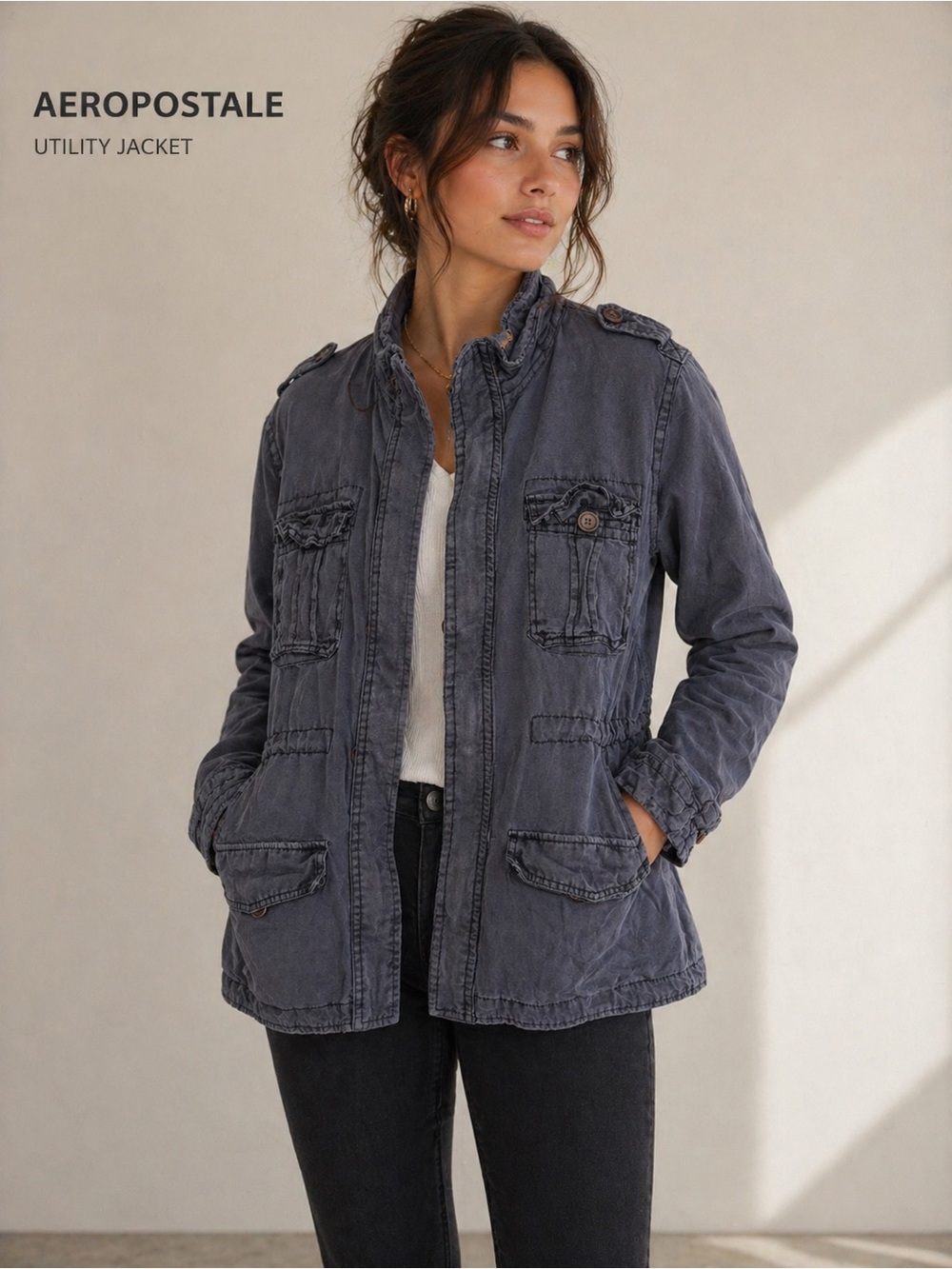 Aeropostale Gray Utility Military Style Zip Button Coat Women’s Jacket Size L